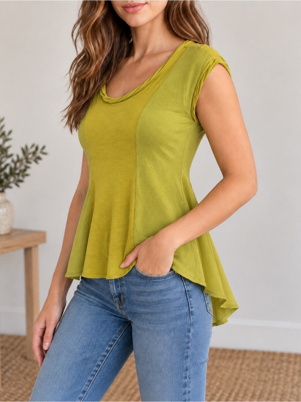 Pilcro Anthropologie XS Chartreuse Mixed Media High Low Peplum Flounce Top